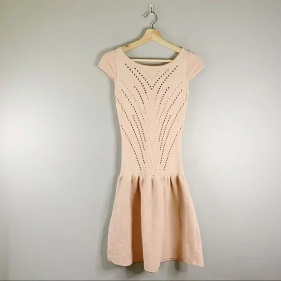 Maje Majeeryne Knit Fitted Lazer Mini Dress Light Pink  Flare Ruffle 2 EU 38 M - Picture 2 of 11